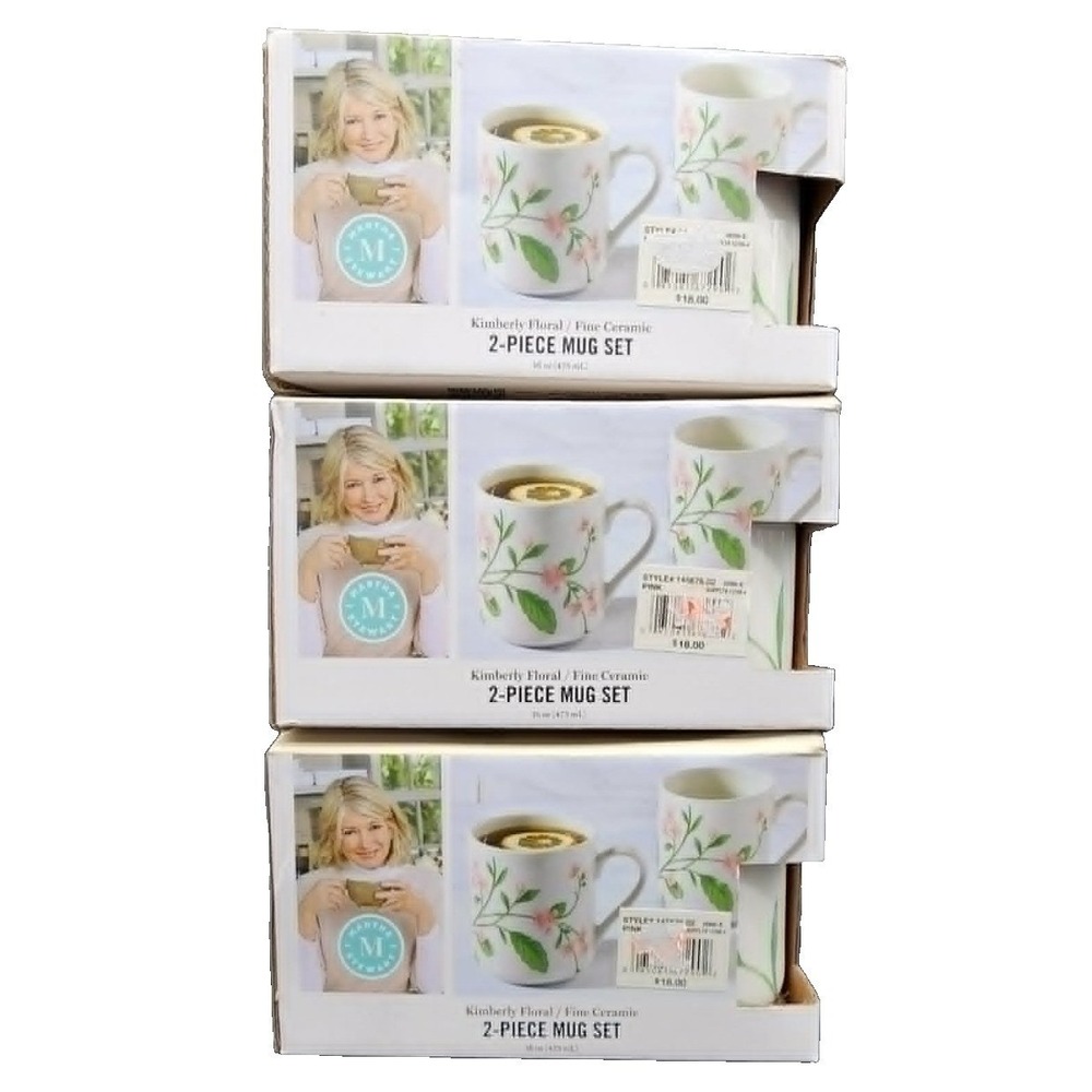 Martha Stewart Kimberly Floral Pink 2-Piece Mug Set Fine Ceramic 16oz 3-Pack